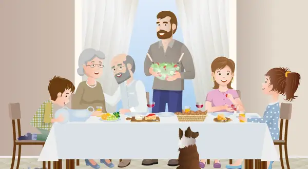 Rodzina przy stole, dyskutuje o tym, ile kcal powinna jeść 13 latka. Na stole owoce, pieczywo i ser.
