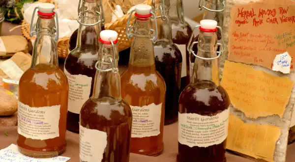 Butelki octu jabłkowego, w tym z napisem "Herbal Infused Raw Organic Apple Cider Vinegar", który może pomóc w łagodzeniu objawów dny moczanowej.