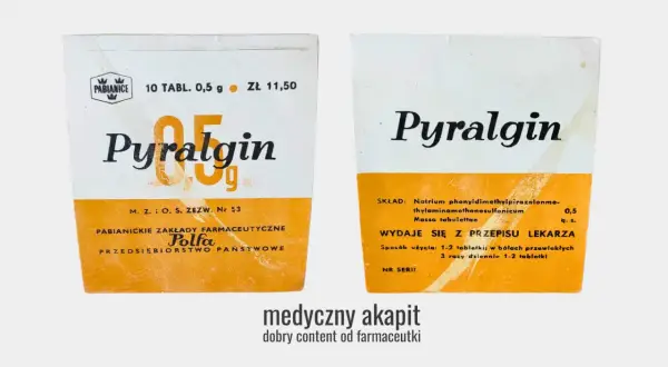 Opakowania leku Pyralgina na przeziębienie, z informacją o składzie i dawkowaniu.