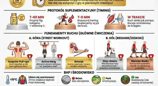 Grafika o przygotowaniu do sezonu, zawiera protokół suplementacyjny i ćwiczenia na górę i dół ciała. Wskazówki dotyczące treningu marszowego i BHP.