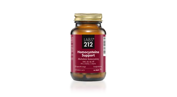 Bursztynowa butelka suplementu diety "Homocysteine Support" od LABS 212. Zawiera betainę TMG, witaminy z grupy B i L-serynę.