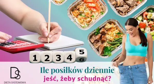 Kobieta z radością pokazuje za duże spodnie, obok kostki z cyframi i pudełka z jedzeniem. Ile posiłków dziennie jeść, żeby schudnąć?