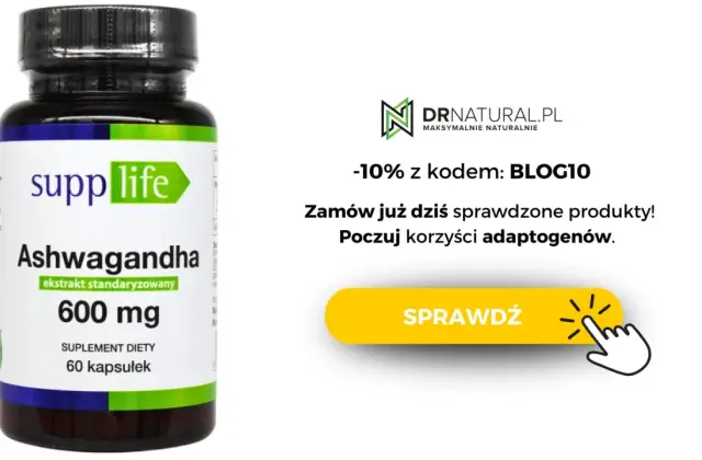 Butelka suplementu diety Ashwagandha 600 mg. Poczuj korzyści adaptogenów. Kod rabatowy na stronie DRNATURAL.PL.