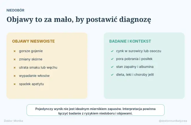 Niedobór cynku: objawy nieswoiste (gorsze gojenie, zmiany skórne, wypadanie włosów) i badania (cynk w surowicy, stan zapalny).