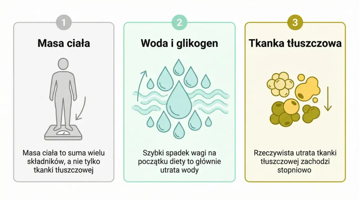 Ilustracja pokazuje reakcję organizmu na odchudzanie: masa ciała, utrata wody i glikogenu, a potem stopniowa utrata tkanki tłuszczowej.