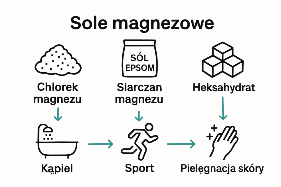 Sole magnezowe: chlorek magnezu do kąpieli, siarczan magnezu (sól Epsom) do sportu, heksahydrat do pielęgnacji skóry.