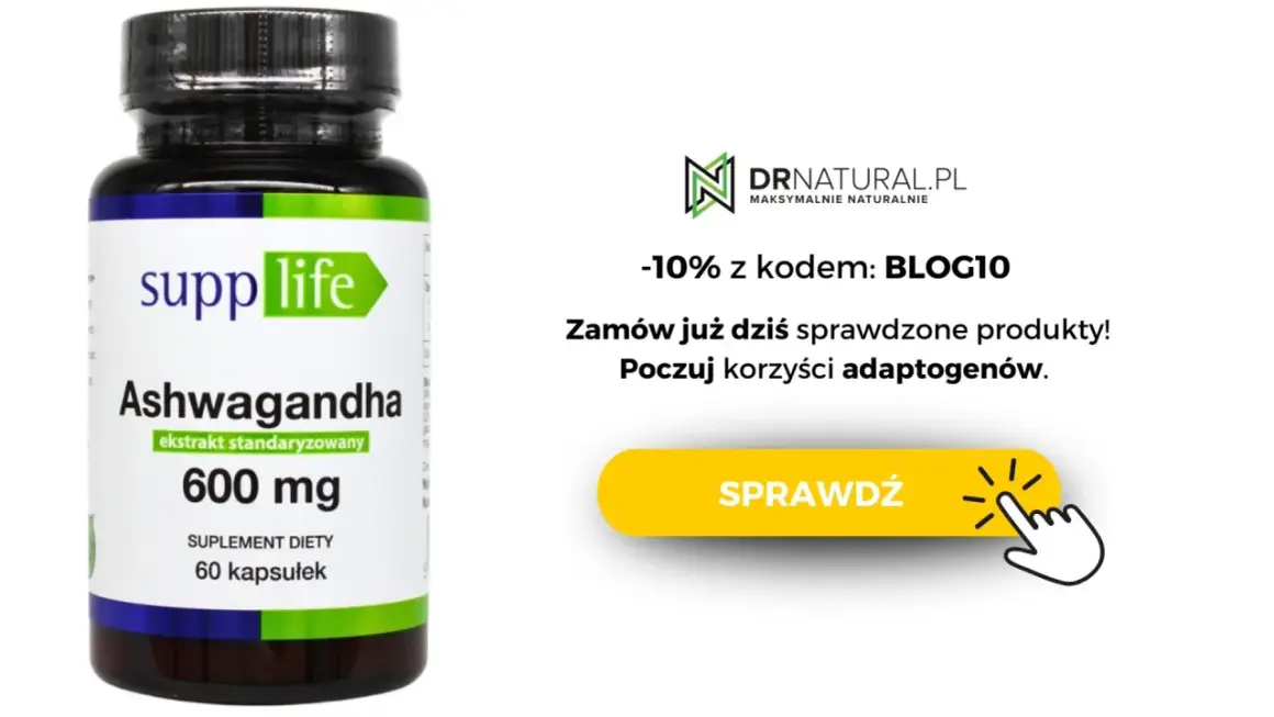 Butelka suplementu diety Ashwagandha 600 mg. Poczuj korzyści adaptogenów. Kod rabatowy na stronie DRNATURAL.PL.