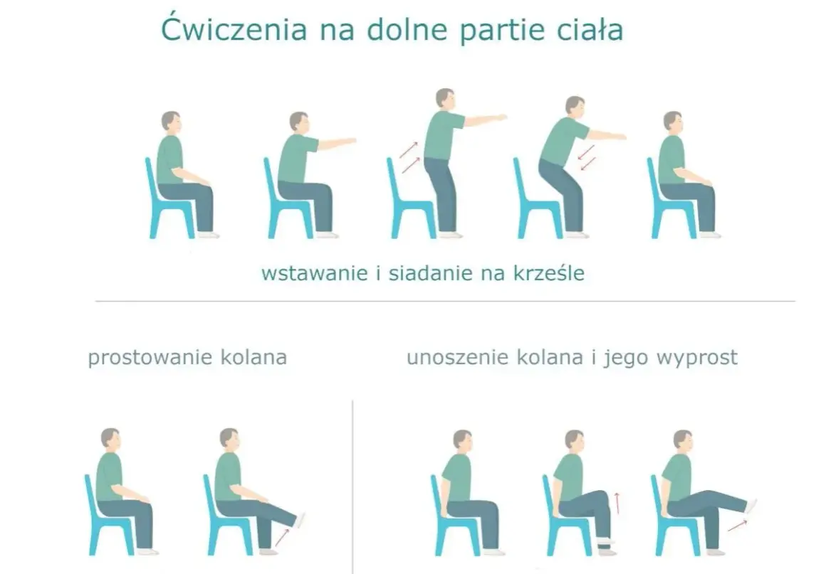 Ilustracja pokazuje ćwiczenia na krześle dla dolnych partii ciała: wstawanie i siadanie, prostowanie kolana oraz unoszenie kolana.
