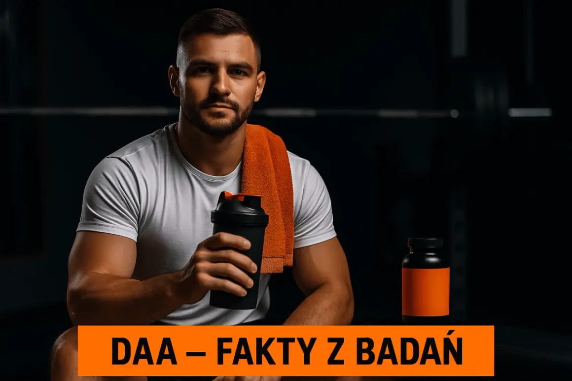 Mężczyzna z shakerem i suplementem DAA (kwas d asparaginowy) w siłowni.