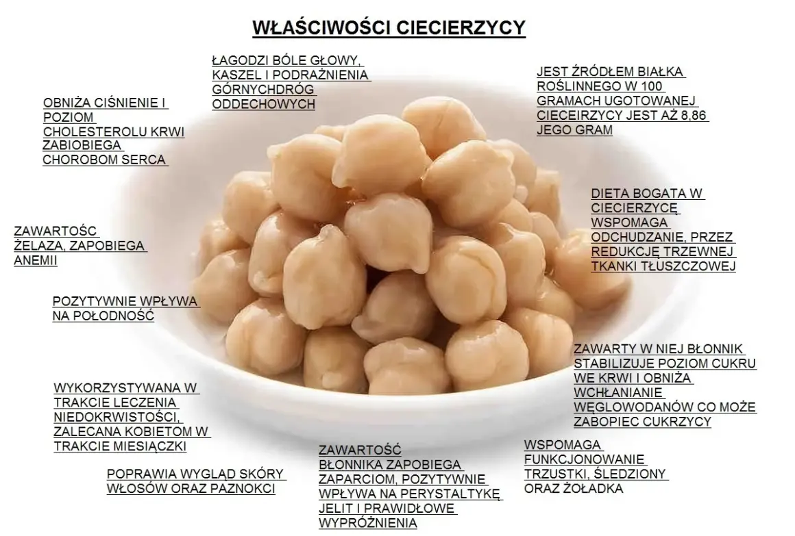Ciecierzyca właściwości: obniża ciśnienie, cholesterol, łagodzi bóle głowy, kaszel. Jest bogata w żelazo, błonnik, wspomaga odchudzanie i trawienie.