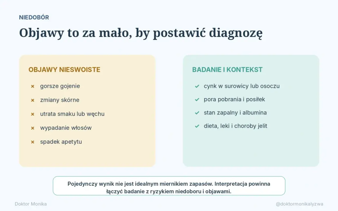 Niedobór cynku: objawy nieswoiste (gorsze gojenie, zmiany skórne, wypadanie włosów) i badania (cynk w surowicy, stan zapalny).