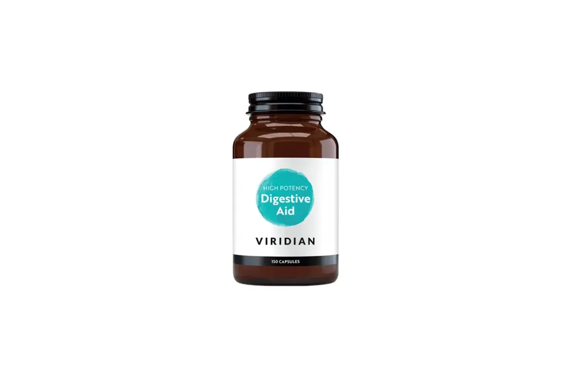 Butelka z brązowego szkła z kapsułkami. Na etykiecie napis "Digestive Aid", sugerujący naturalne enzymy trawienne wspomagające trawienie.