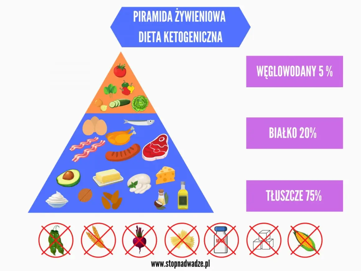 Piramida żywieniowa dieta keto co to: tłuszcze 75%, białko 20%, węglowodany 5%. Pokazuje dozwolone i zakazane produkty.