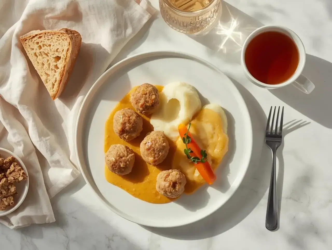 Mięsne klopsiki z puree i marchewką, idealne na dietę lekkostrawną. Obok kromka chleba i herbata.
