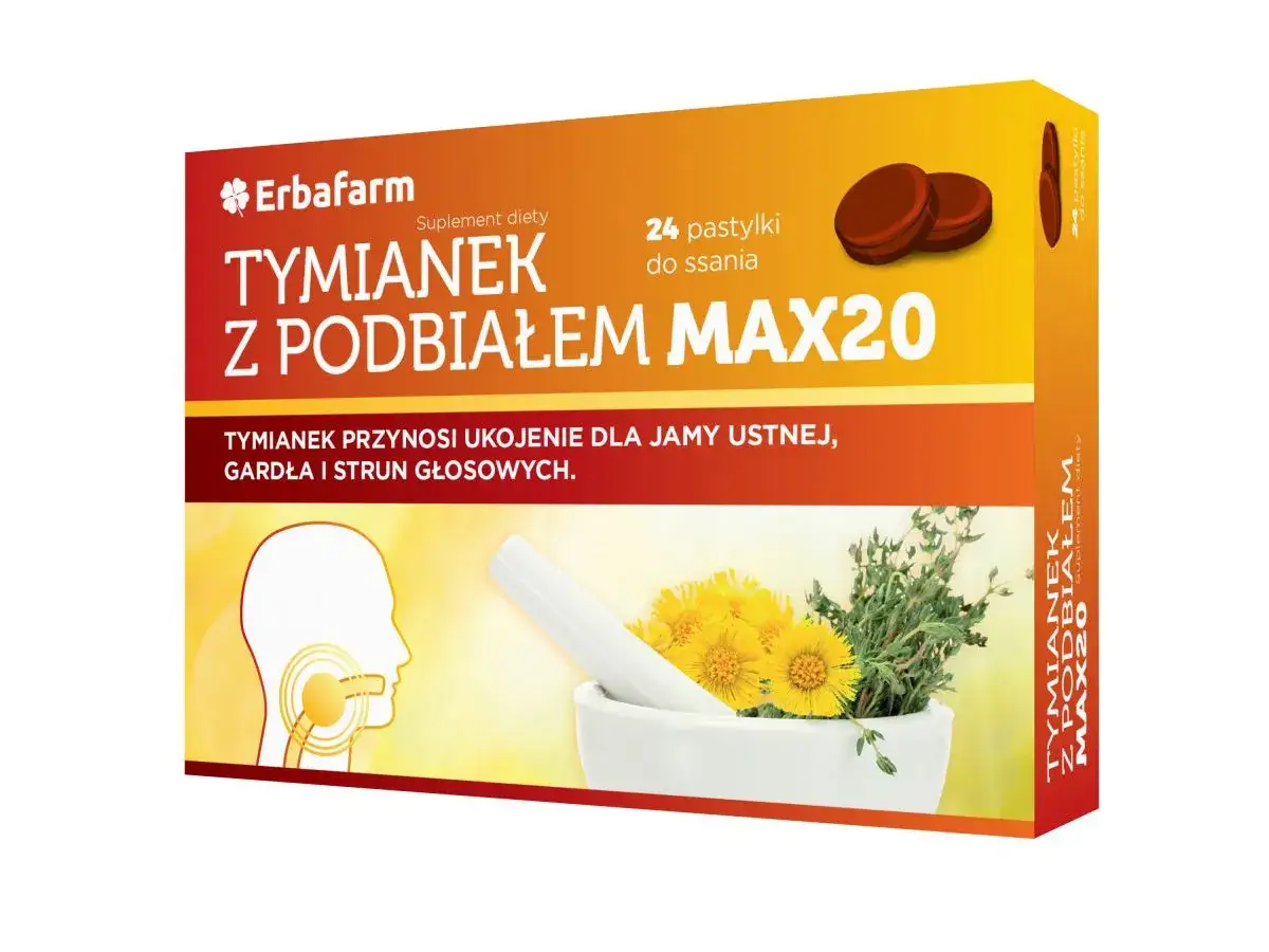 Opakowanie Erbafarm Tymianek z podbiałem MAX20. Pastylki na gardło z tymiankiem przynoszą ulgę.