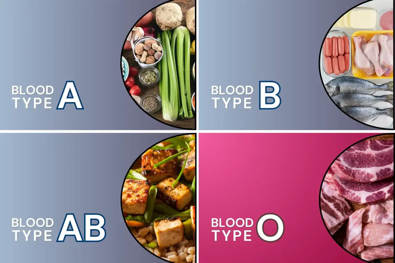 Dieta dla grupy krwi 0: mięso, ryby i warzywa. Obok typy A (warzywa, orzechy), B (mięso, ryby) i AB (tofu, warzywa).
