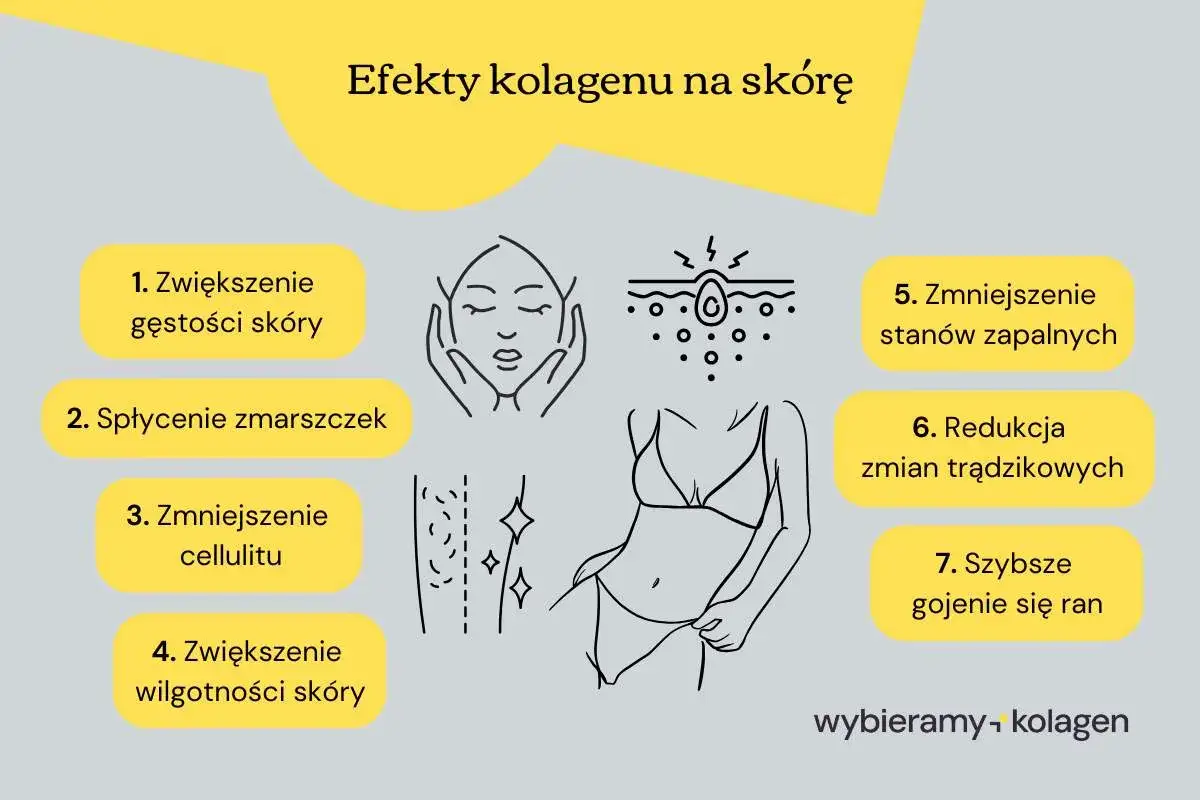 Efekty kolagenu na skórę: poprawa gęstości, spłycenie zmarszczek, redukcja cellulitu, nawilżenie, zmniejszenie stanów zapalnych, redukcja trądziku, szybsze gojenie. Kolagen przed i po.