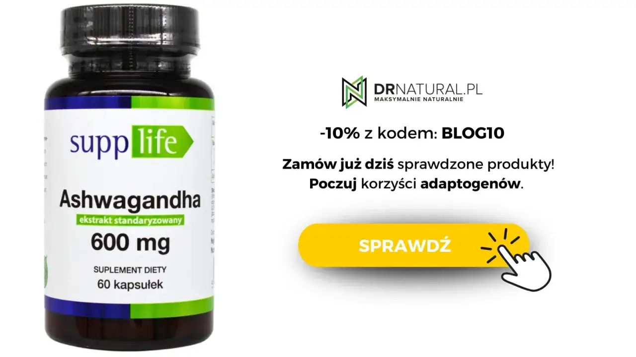 Butelka suplementu Supp Life Ashwagandha 600 mg. Poczuj korzyści adaptogenów na stres. -10% z kodem BLOG10.
