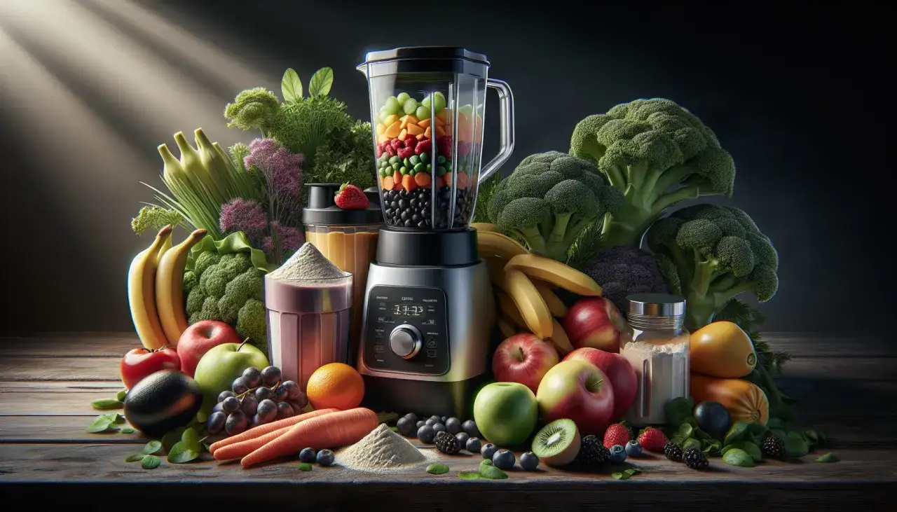 Wszystkie składniki do zdrowej dieta koktajlowa: blender, owoce, warzywa, białko w proszku i napój.