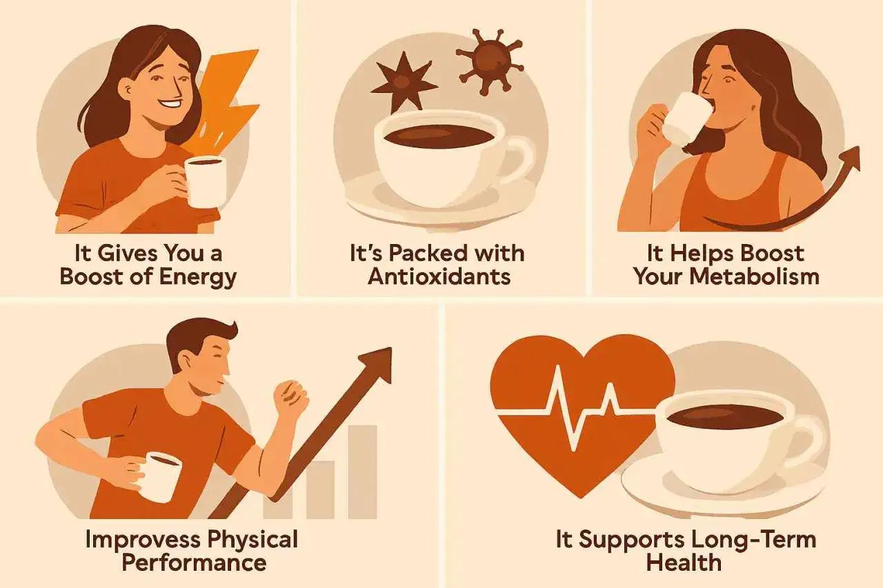Kawa w kontekście diety przeciwzapalnej: dodaje energii, wspiera metabolizm, poprawia wydolność i zdrowie serca.