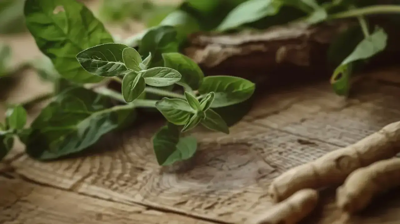 Gałązki z zielonymi liśćmi i korzenie, być może ashwagandha na hashimoto, na drewnianym tle.