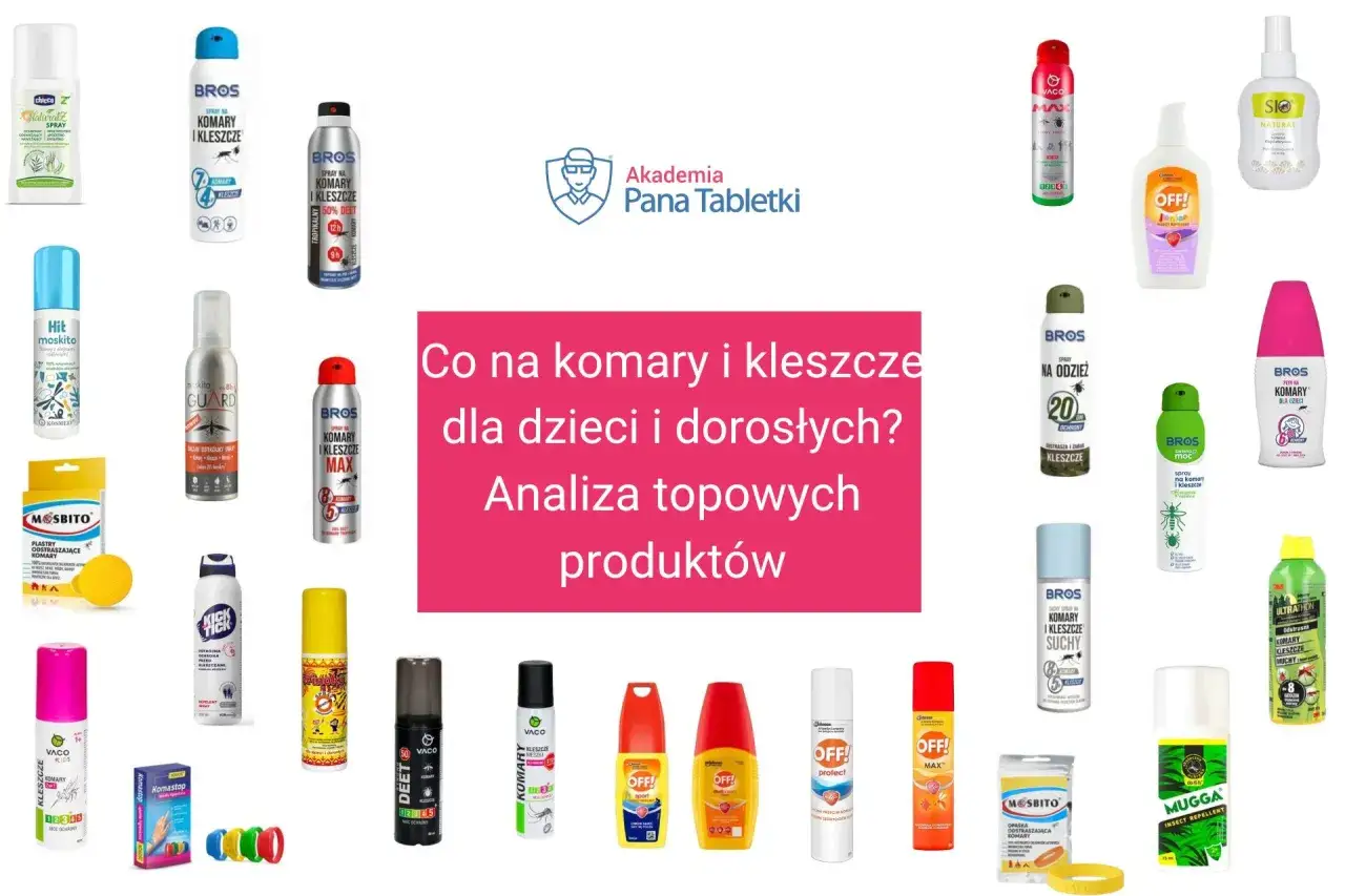 Na zdjęciu produkty na komary i kleszcze, w tym spraye, plastry i opaski. Analiza topowych produktów, czy ikarydyna czy deet, dla dzieci i dorosłych.