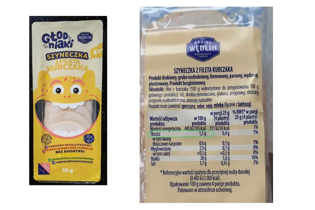 Opakowanie szyneczki z fileta kurczaka. Czy bułki są zdrowe? Ten produkt może być alternatywą dla pieczywa, bo zawiera 1,5g tłuszczu na 100g.