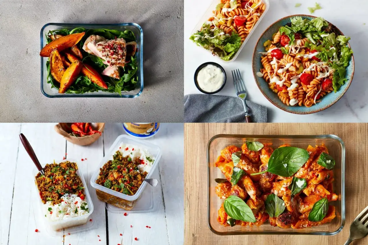 Kolorowe posiłki w pojemnikach: łosoś z batatami, makaron z kurczakiem i warzywami, curry z ryżem i danie z kurczakiem w sosie. Idealne na dietę na masę mięśniową.