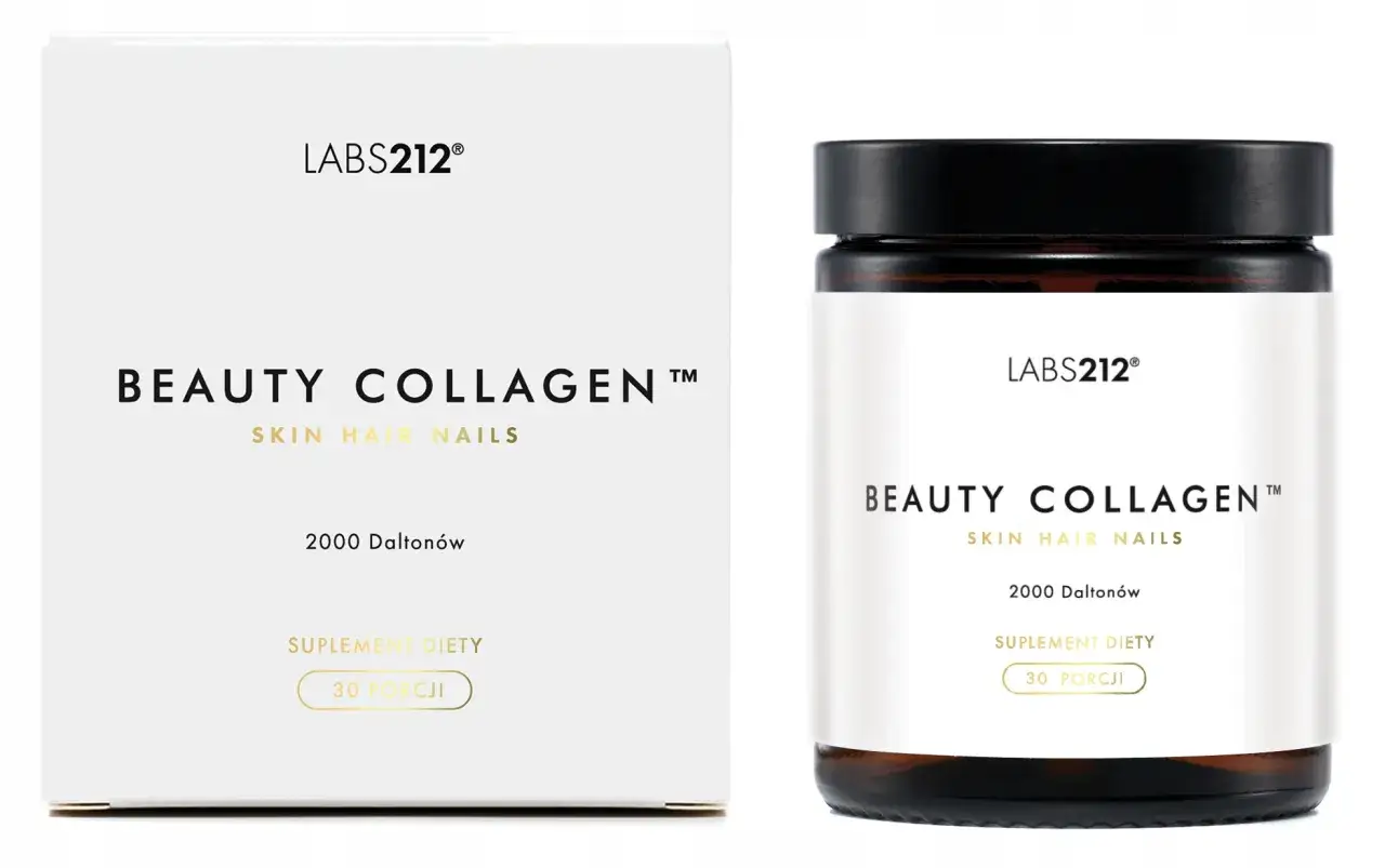 Suplement diety Beauty Collagen od LABS212. Pudełko i słoiczek z kolagenem. Czy po kolagenie się tyje? Ten suplement wspiera skórę, włosy i paznokcie.