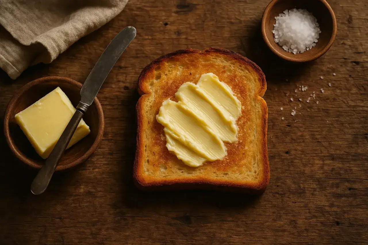 Chrupiący tost z masłem, obok miseczka z solą i kawałek masła. Czy masło tuczy? To zależy od ilości!