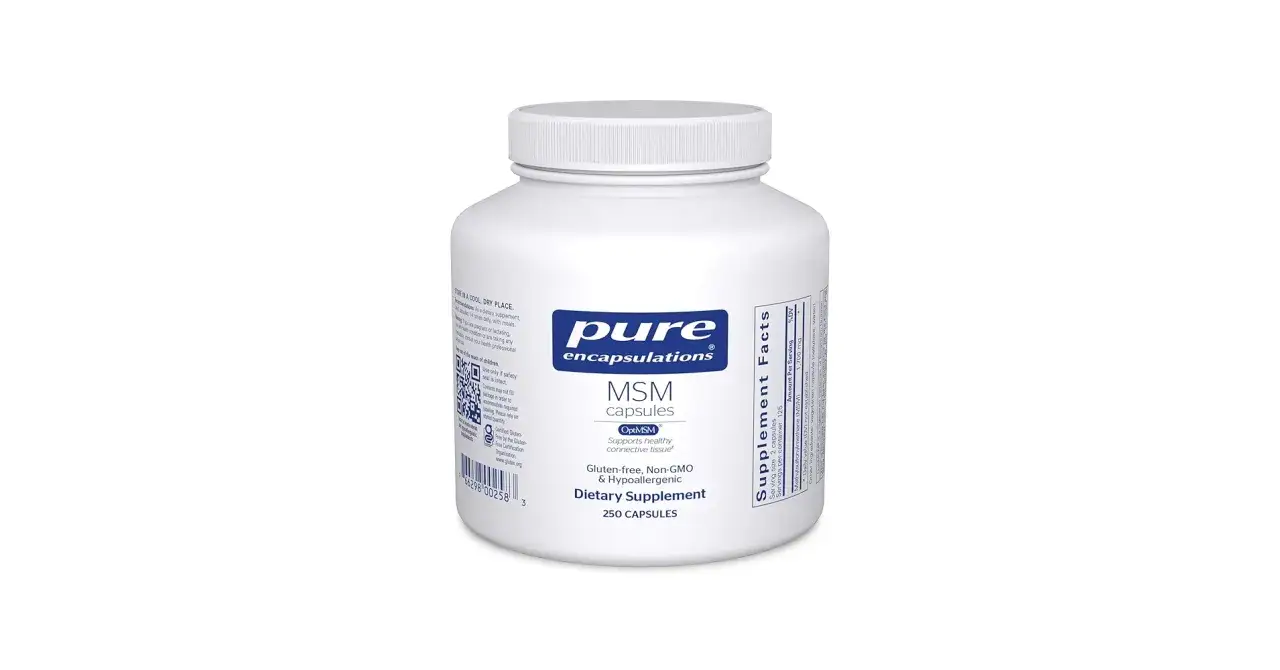 Biała butelka Pure Encapsulations MSM capsules, 250 sztuk. Suplement diety wspierający tkankę łączną. Sprawdź zalecane msm dawkowanie.