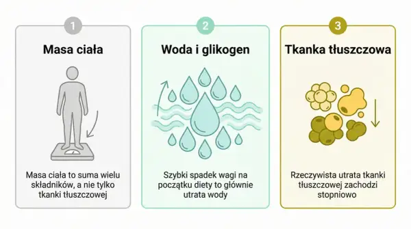 Ilustracja pokazuje reakcję organizmu na odchudzanie: masa ciała, utrata wody i glikogenu, a potem stopniowa utrata tkanki tłuszczowej.