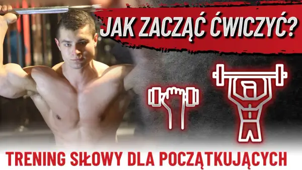 Mężczyzna z podniesionym gryfem, ikony sztangi i hantli. Plan treningowy dla początkujących.