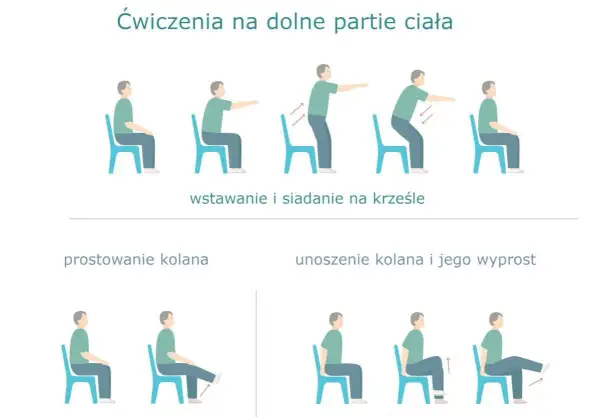 Ilustracja pokazuje ćwiczenia na krześle dla dolnych partii ciała: wstawanie i siadanie, prostowanie kolana oraz unoszenie kolana.