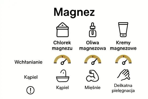 Tabela pokazuje, na co dobry jest magnez: chlorek magnezu do kąpieli, oliwa magnezowa do mięśni, a kremy magnezowe do delikatnej pielęgnacji.