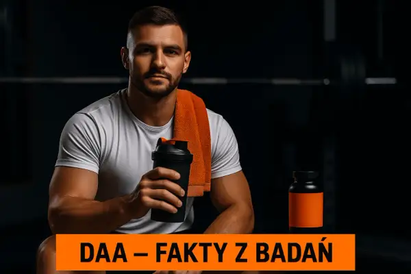 Mężczyzna z shakerem i suplementem DAA (kwas d asparaginowy) w siłowni.