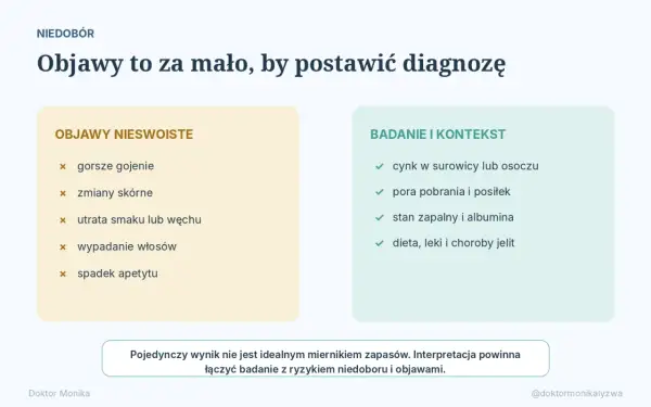 Niedobór cynku: objawy nieswoiste (gorsze gojenie, zmiany skórne, wypadanie włosów) i badania (cynk w surowicy, stan zapalny).