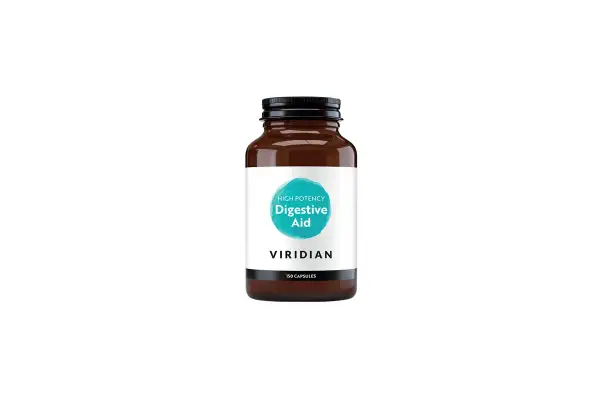 Butelka z brązowego szkła z kapsułkami. Na etykiecie napis "Digestive Aid", sugerujący naturalne enzymy trawienne wspomagające trawienie.