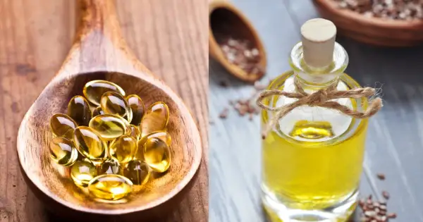 Łyżka z kapsułkami i buteleczka oleju lnianego. Czy tran jest zdrowy? Tak, to cenne źródło kwasów omega-3.