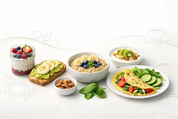 Idealne białkowe śniadanie do pracy: owsianka z owocami, omlet, jogurt z kiwi, tosty z awokado i jajkiem, nasiona chia z jagodami i malinami, migdały.