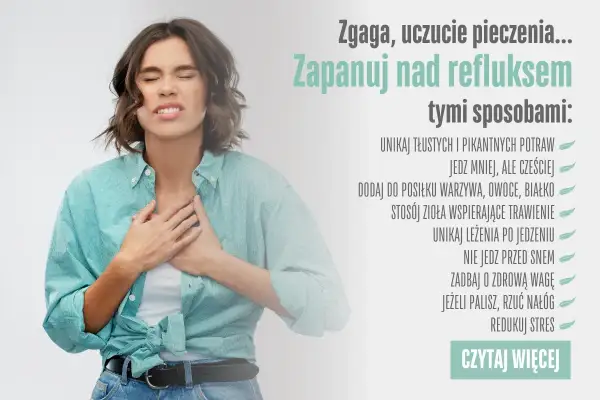 Kobieta z bólem w klatce piersiowej, wskazówki dotyczące diety przy refluksie: unikaj tłustych potraw, jedz mniej, ale częściej.