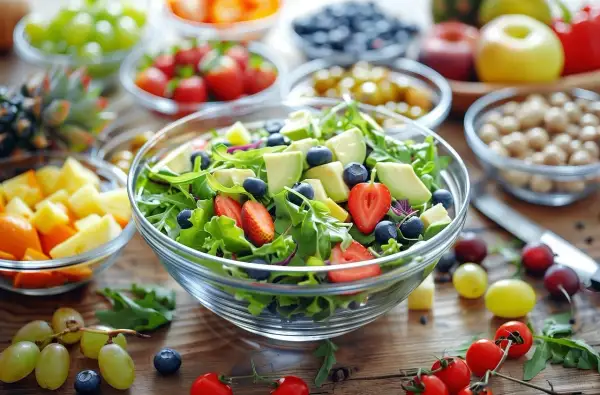 Kolorowa sałatka z awokado, truskawkami i borówkami. Idealna na dietę bezresztkową jadłospis.