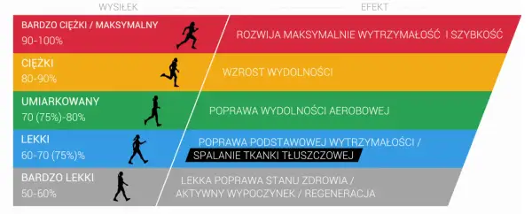 Schemat pokazuje poziomy wysiłku i ich efekty: od maksymalnego tętna aerobowego i beztlenowego po lekki wysiłek regeneracyjny.