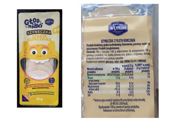 Szyneczka z fileta kurczaka "Głodniaki". Na opakowaniu widnieje informacja o wartościach odżywczych, w tym ile **kalorii co to** jest w 100g produktu.
