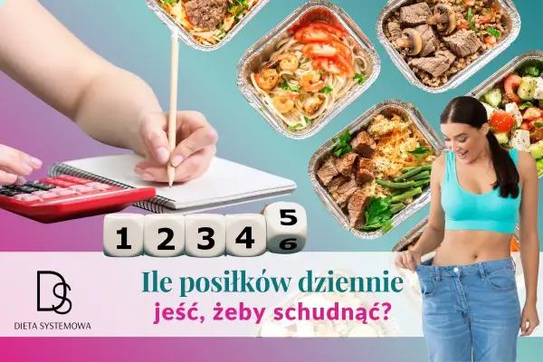 Kobieta z radością pokazuje luźne spodnie, a obok kostki z cyframi od 1 do 6. Obok widać przygotowane posiłki. Ile posiłków dziennie jeść, by schudnąć?