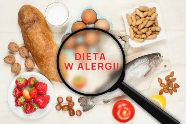 Produkty spożywcze, takie jak ryba, jajka, orzechy, truskawki i pieczywo, pod lupą z napisem "Dieta w alergii".