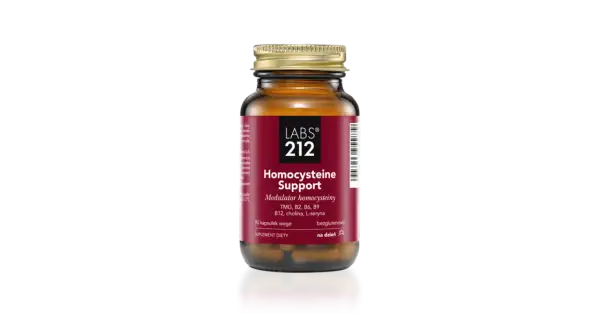 Bursztynowa butelka suplementu diety "Homocysteine Support" od LABS 212. Zawiera betainę TMG, witaminy z grupy B i L-serynę.