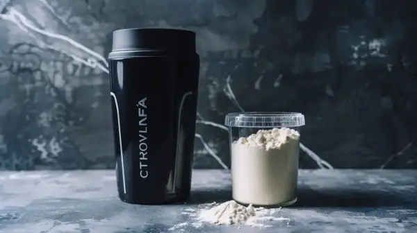 Czarny shaker i pojemnik z cytruliną. Zastanawiasz się, po jakim czasie działa cytrulina? Odpowiedź znajdziesz w opisie produktu.